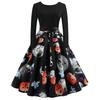 Women's Vintage Festival Long A-line Skirt Printed Round Neck Long Sleeve Swing Dress