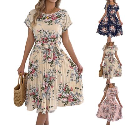 Robe Plissée Décontractée pour Femme à Imprimé, Manches Longues, Lacets à la Taille