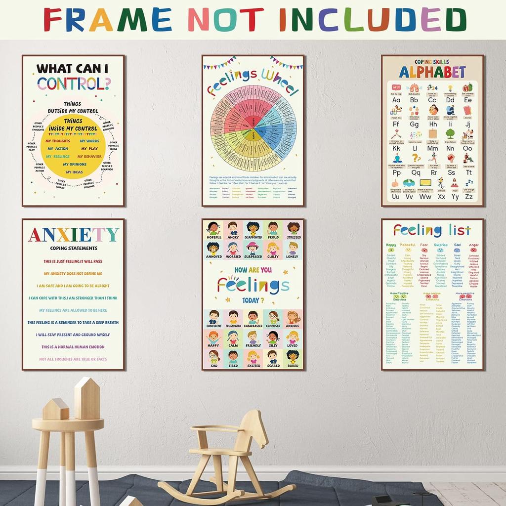 6 Pcs Mental Health Coping Skills Posters - Feeling Color Wheel Educational Emotions Therapy Wall Art for Classroom, School, Office, Pediatric