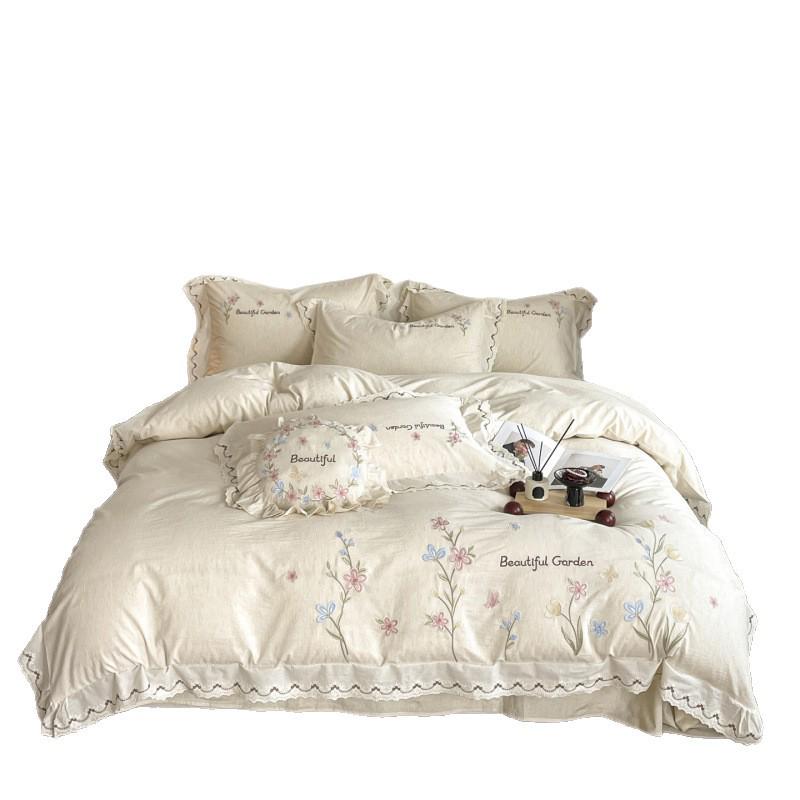 Juego de Cama de Lujo Francés Estilo Princesa de Algodón y Lino Bordado con Encaje de Cuatro Piezas con Funda Nórdica