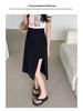 Women's Black High Waist A-Line Midi Skirt - Summer Slimming Polyester with Side Slit