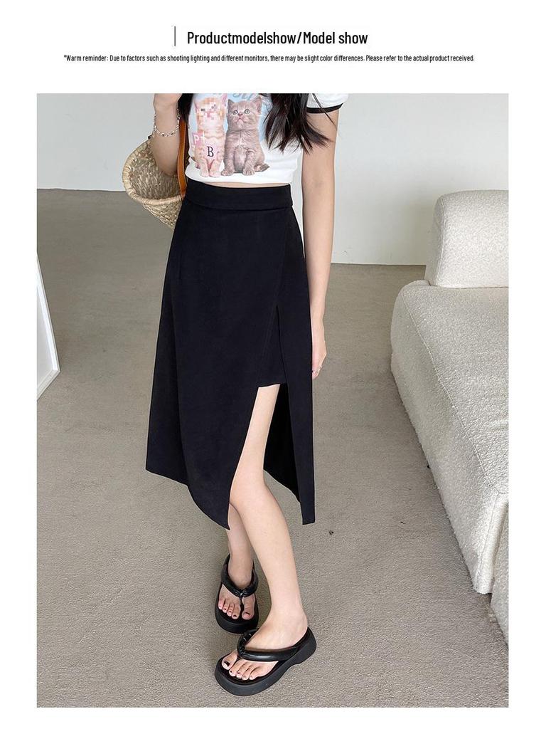 Women's Black High Waist A-Line Midi Skirt - Summer Slimming Polyester with Side Slit