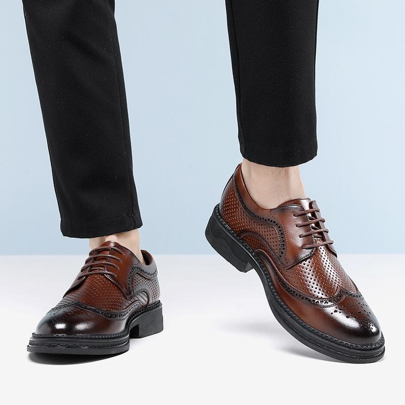 Men's Shoes Leather Shoes Cowhide Summer Hollow Breathable Business Dress Men Casual British Style Block Groom Wedding