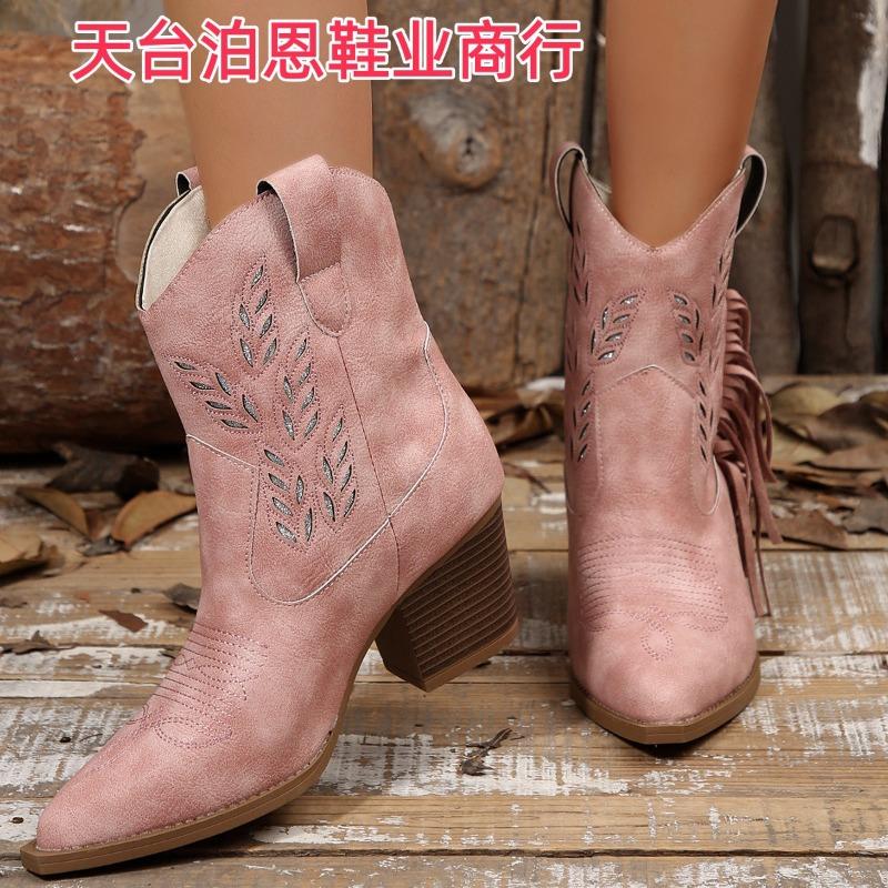 

Autumn and winter new western cowboy boots pointed thick heel sleeve fringed embroidered women s short boots us size 5.5 розовый