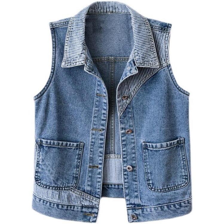 Trendy Striped Denim Vest Women Short Jacket Slim Fit Casual Spring Fall Fashion