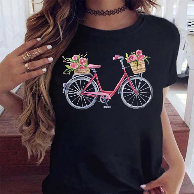 Woman Funny Bicycle Floral Print T Shirt Harajuku Women Tshirts Casual O-Neck Short Sleeves Tops Tees Shirt,Drop Shipping