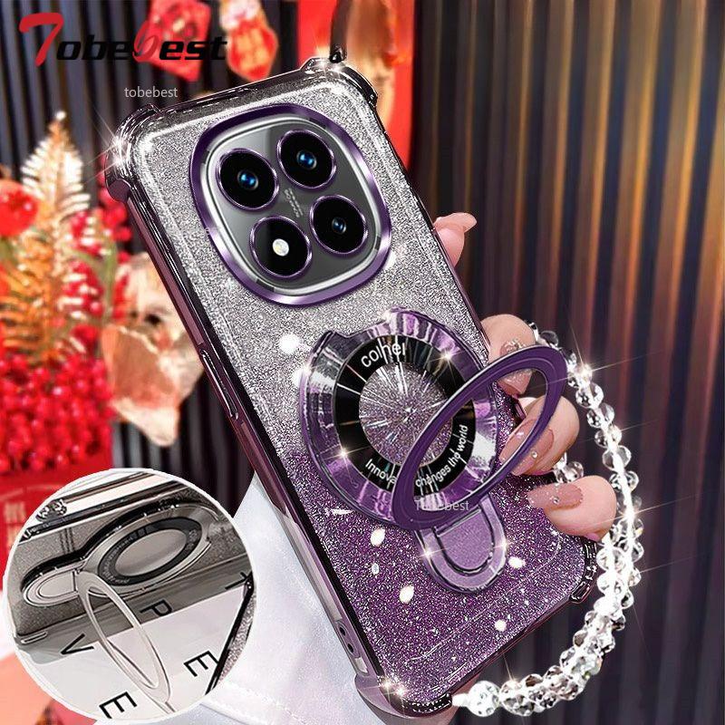 Pro Xiaomi Redmi Note 14 Pro Plus 14C 4G 5G Pouzdro Třpytivé Pokovení Magnetický Držák Náramek Kryt