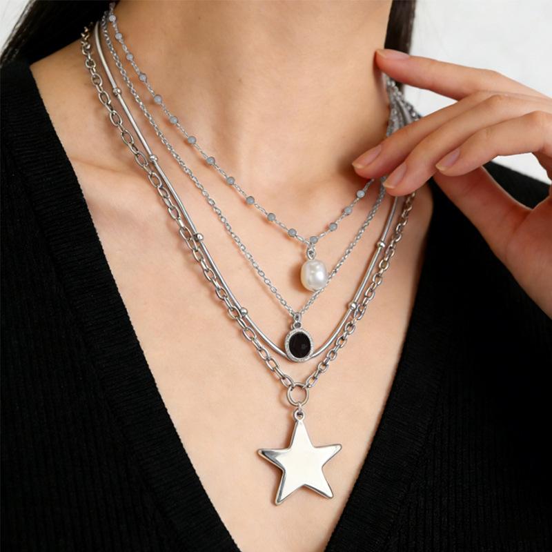 

Imitation Pearl Pentagram Pendant Necklace ins Wind Imitation Crystal Chain Gemstone Clavicle Necklace срібний