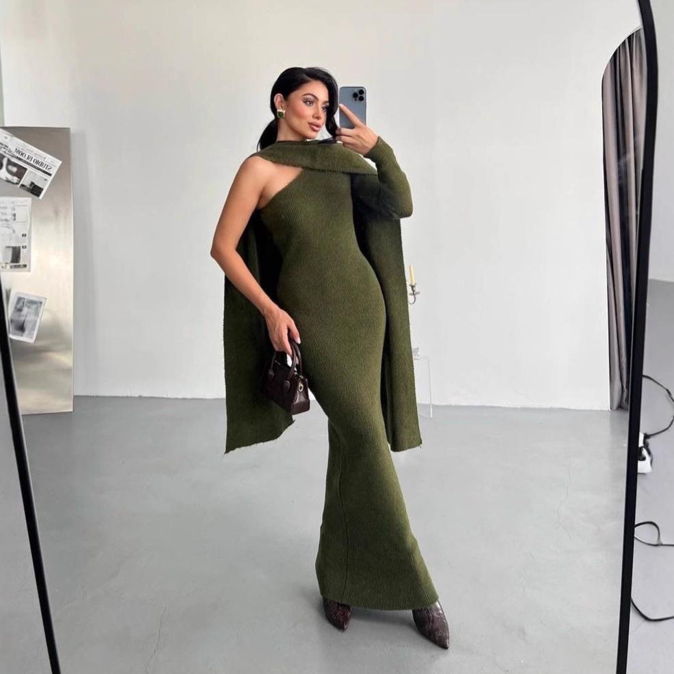 Autumn 2025 Women's One-Shoulder Knit Sweater Dress Shawl - Loose & Versatile Fashion Style
