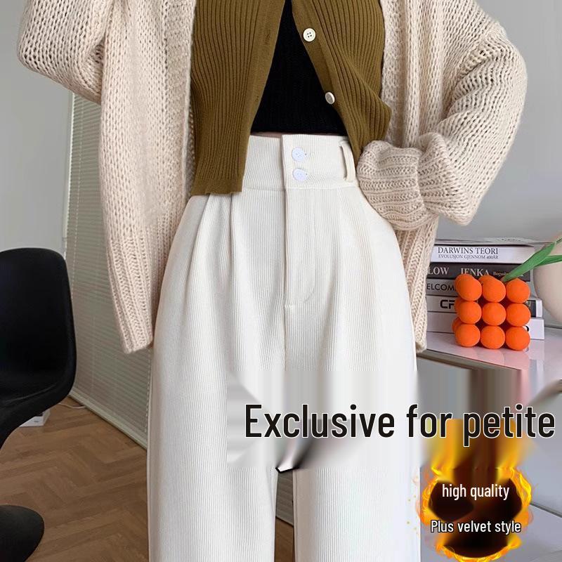 Women's White Corduroy Wide-Leg Pants with Velvet Lining, Petite Fit, Straight Leg - Autumn/Winter.