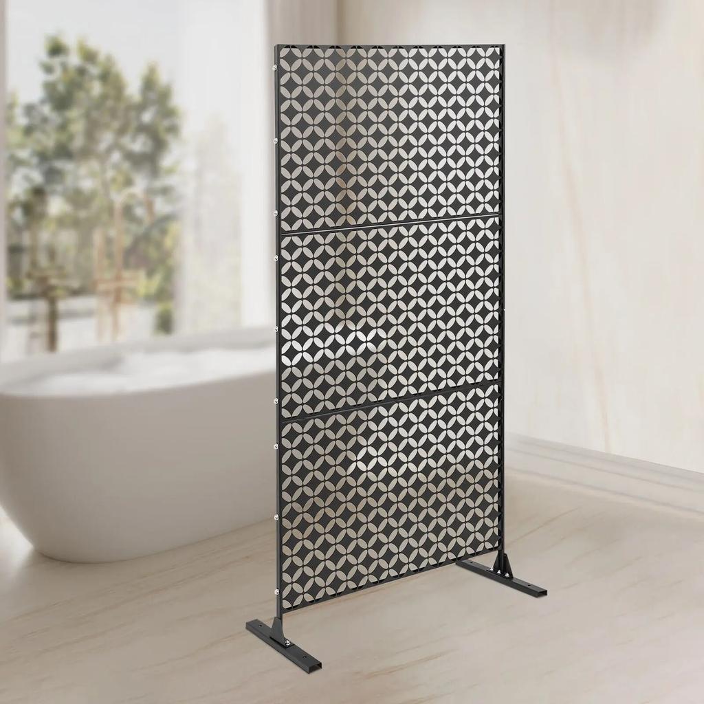 Black Freestanding Privacy Fence Screen 35x75in Laser-Cut 3-Panel Outdoor Partition for Garden Deck Room Devider