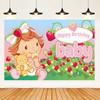 Cartoon Rosa Süßes Erdbeer-Mädchen Thema Hintergrund Mädchen Geburtstagsparty Banner Dekoration Zubehör Babyparty Geschenke Foto Requisiten