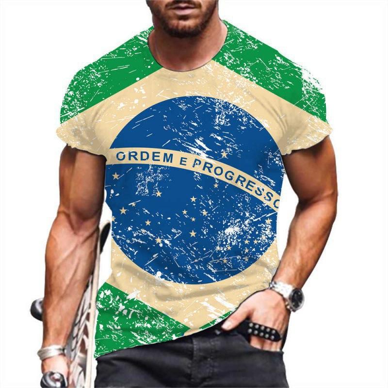 Summer Round Neck 3D Brazilian Flag Football Jersey Print Top Fashionable Casual Short Sleeved Men's T-shirts