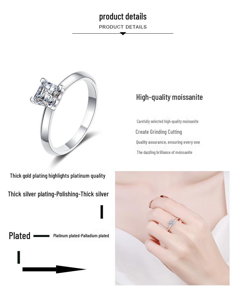 Sterling Silver T-Style Princess Cut Moissanite Ring for Women, 1 or 2 Carat, Four-Prong Setting