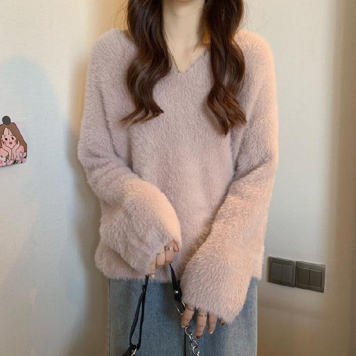 Women's Faux Mink Velvet V-Neck Sweater - Stylish Warm Long Sleeve Knit Top for Autumn/Winter