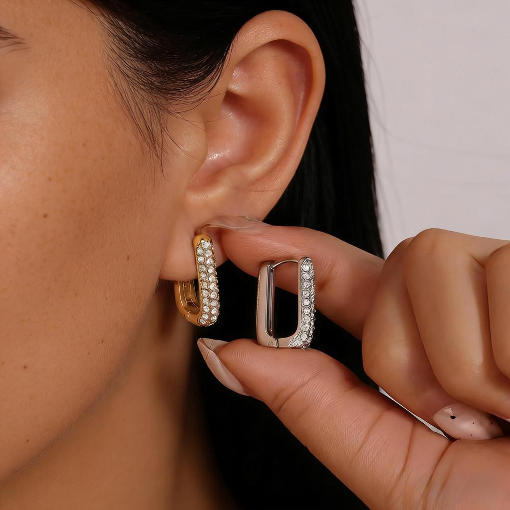 Gold and silver two-color square with diamond ear buckle fashionable personalized geometric earrings
