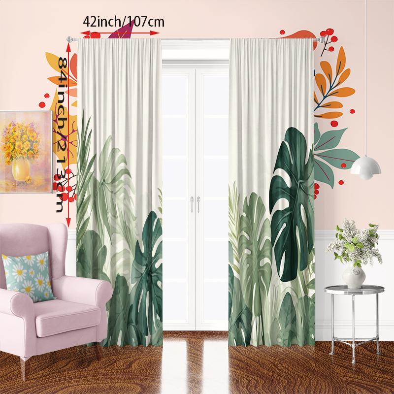 2Pcs- Green Leaf Printed Curtain, 100% Polyester Material Translucent, Suitable For Bedroom Curtains And Living Room Decoration