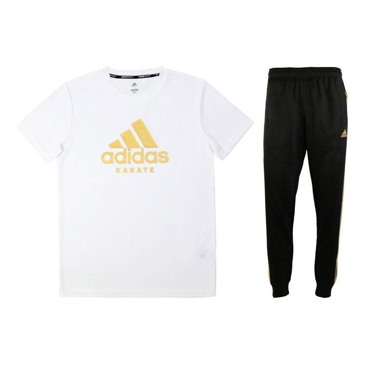 

Adidas Футболка с короткими рукавами и круглым вырезом, дышащая, с полосками по бокам, с манжетами, длинные брюки, повседневный спортивный комплект, мужские комплекты ADICTKP-WG+TR30P1-BG S