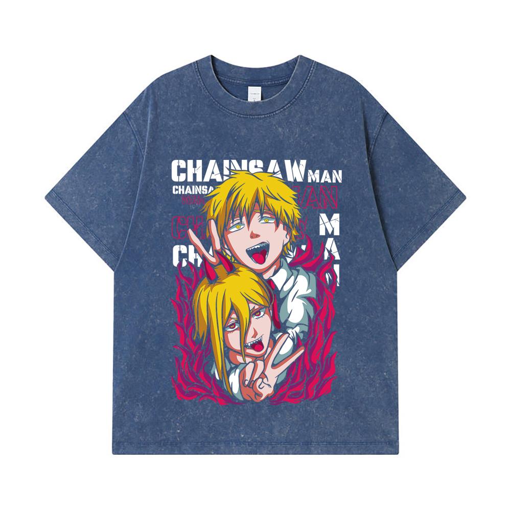 

275 GSM Washed T-shirts 100% Cotton Chainsaw Man V39 Denji Power Print Unisex Heavy Cotton T Shirt 2XL королівський синій колір
