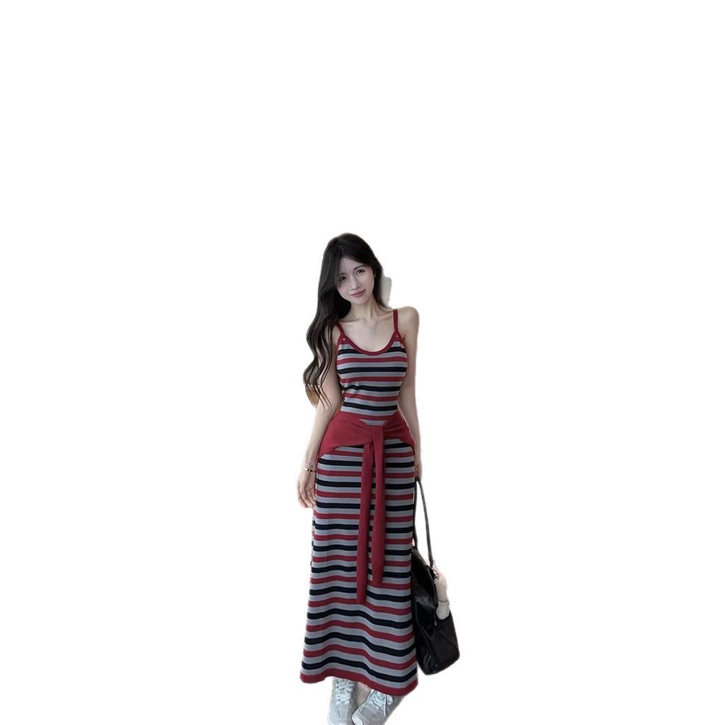 Contrasting Color Striped Suspender Dress Women's Summer New Seaside Photo Vacation Temperament Waist Thin Dress Set
