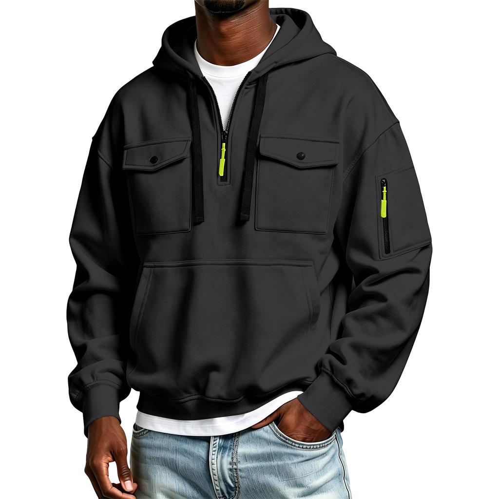 Herren-Farbiger Kapuzenpullover mit halbem Reißverschluss und Ärmeltasche