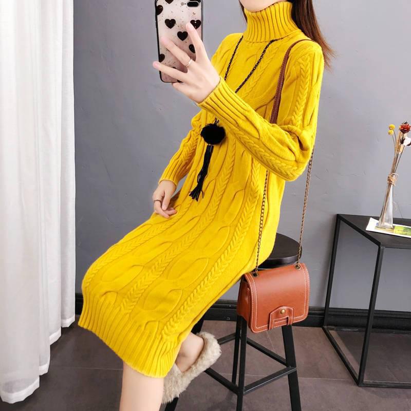 Women's Plush/Non-Plush Turtleneck Over-the-Knee Knitted Sweater Dress for Autumn & Winter