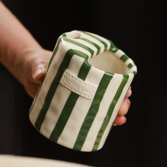 300ml Heat-Resistant Ceramic Mug Hand-Painted Striped Design Ergonomic Non-Slip Grip Coffee Mug Milk Juice Latte Hot Cold Drinks Cup