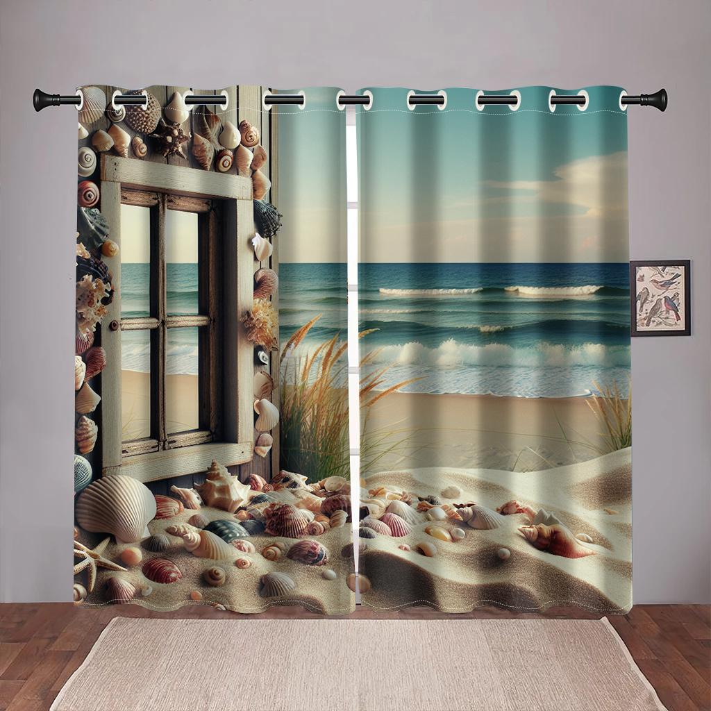 Summer View Beach Ocean Shell Natural Senery Tree Curtains for Bedroom Window Drapes Living Room Home Decoration Kitchen Office