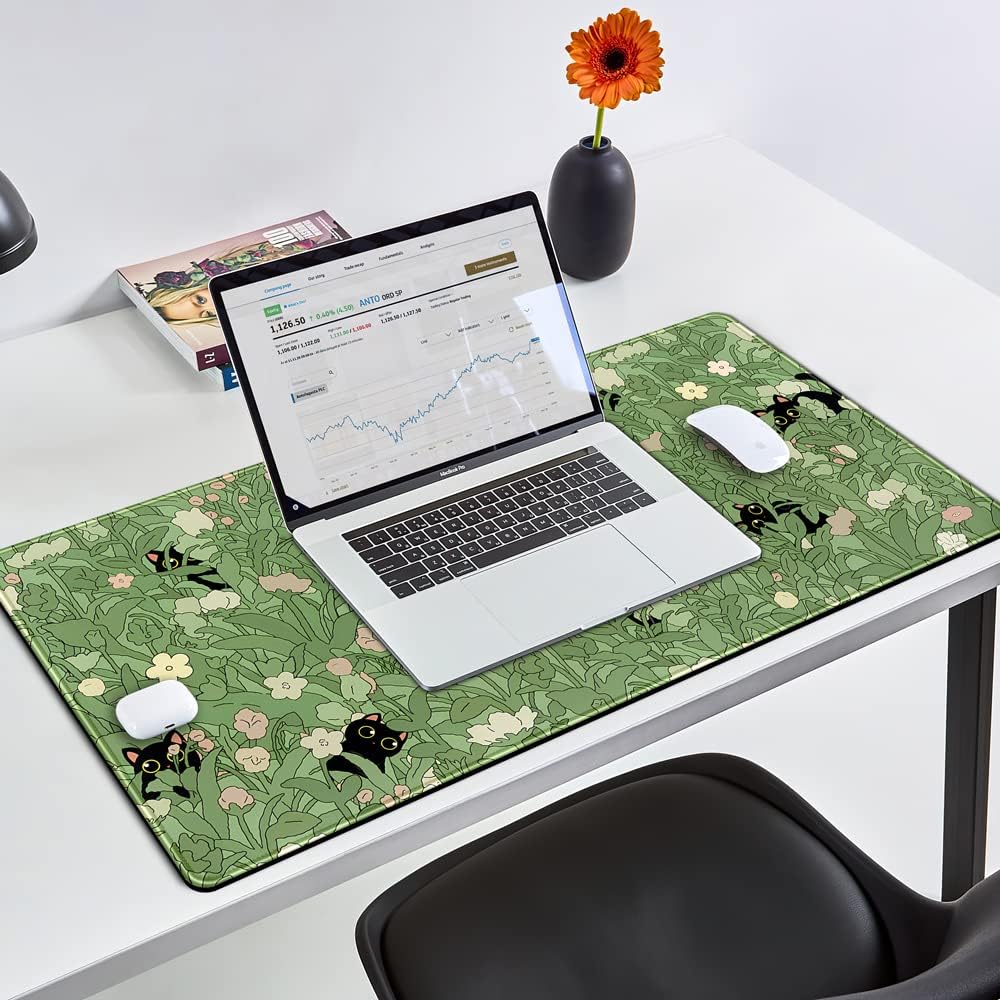 Cute cat flower plant pattern large table mat suitable for office game and home decoration Green 40*80*0.2cm