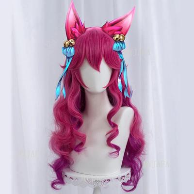 Peluca Cosplay Ahri Flor Espiritual LOL Cosplay 70cm Larga Rizada Ondulada Resistente al Calor Cabello Sintético Juego Anime Pelucas + Gorro de Peluca