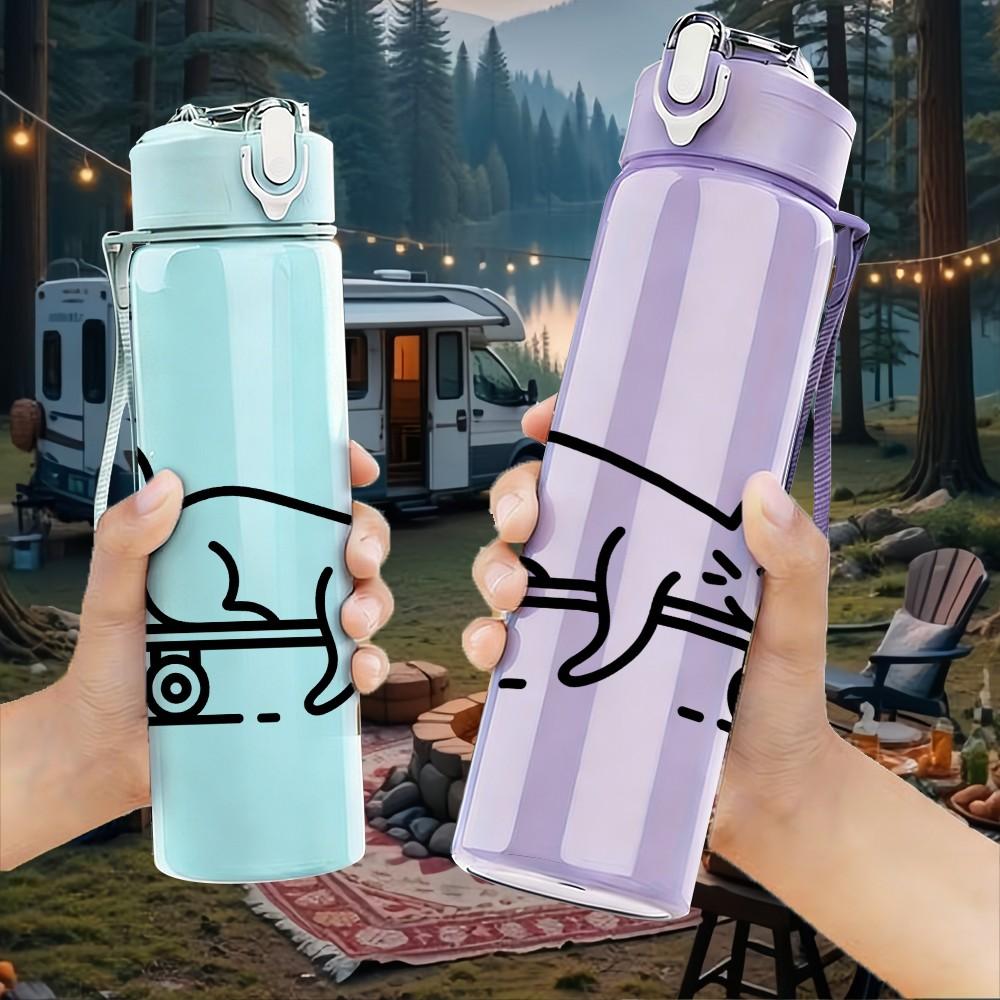 1PC Cat Riding Skateboard Line Drawing 750ml Color Plastic Sports Water Bottle Leakproof Flip Straw Lid Suitable for Sports Office Home Use