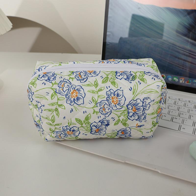 Floral Cotton Fabric Makeup Bag With Zipper Storage For Women And Teens