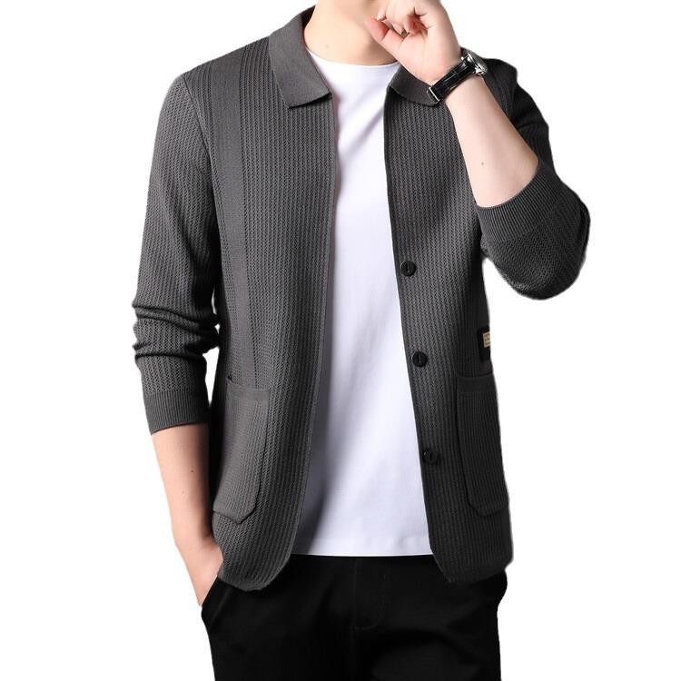 Men'S Mid-To-High-End Spring And Autumn Thin Jacquard Cardigan Real Pocket Sticker Casual Loose Simple Knitted Long Sleeves