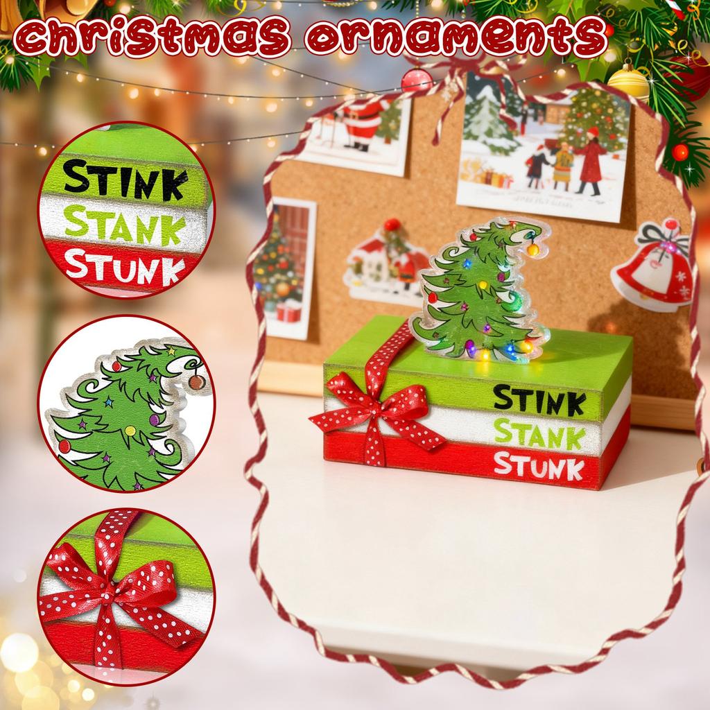 Christmas Decorations Lime Green Red Xmas Tree Tiered Tray Decor Decorative Wooden Stacked Books With Bow Ornament For Christmas Fireplace Mantel