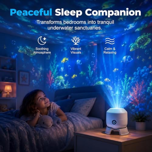 Night Light Projector 360° Rotating Ocean Wave LED Light - 5D Holographic Touch Control Rechargeable USB Powered 3 Modes Quiet Motor for Bedroom