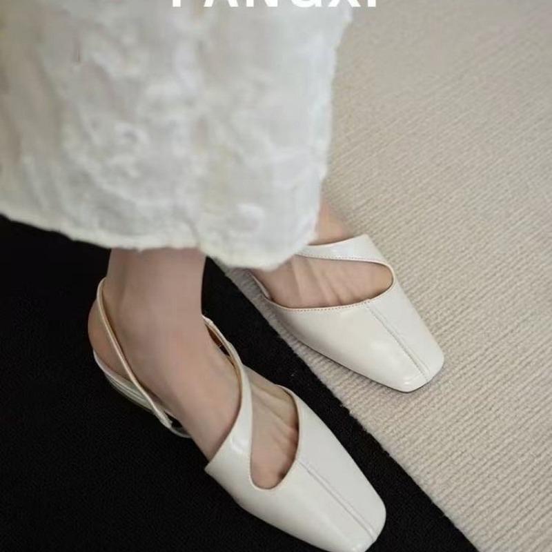 Fashion French White Square Toe One Strap Baotou Sandals Women 2025 New Summer Rear Empty Trip Strap Women Shoes Flat Single Shoes