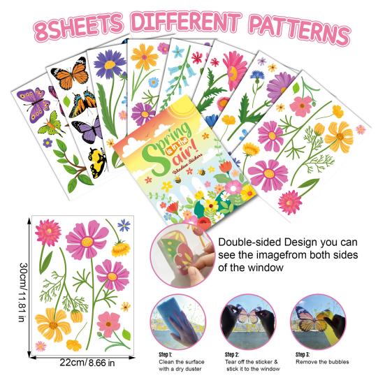 8 Sheets Spring Window Clings Butterfly Flower Hummingbird Window Decals to Prevent Bird Strikes Reusable Static Sticker for Glass Windows