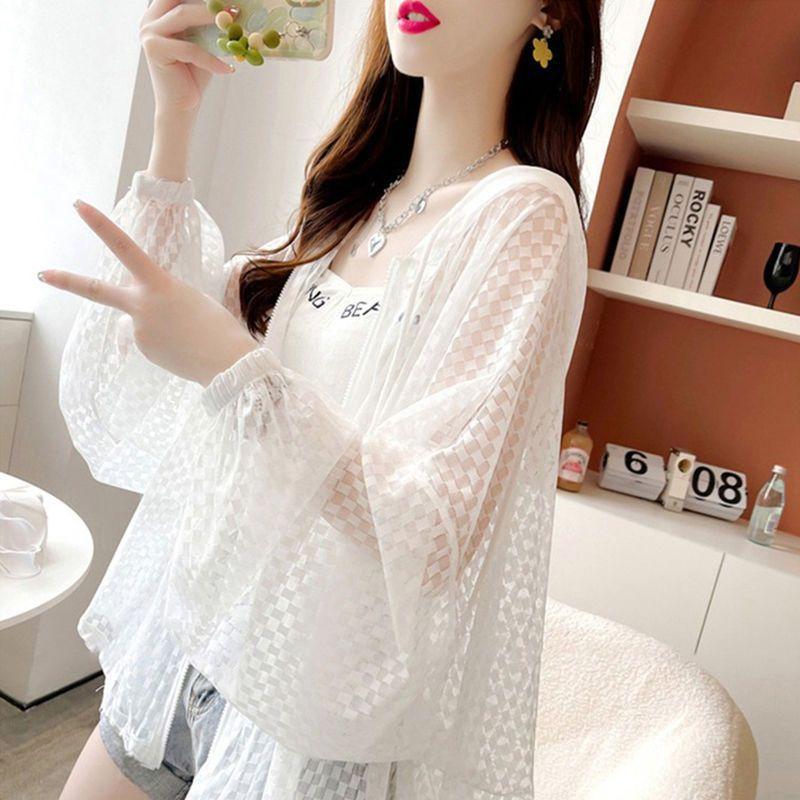Letní tenká krajková dutá bunda na ochranu proti slunci Designová citlivost Zip Volný střih Dlouhý rukáv Dámské oblečení