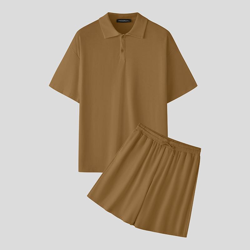 

INCERUN 2PCS Men Summer Short Sleeve Tops Shorts Pants Casual Loose Outfits Sets 5XL хаки