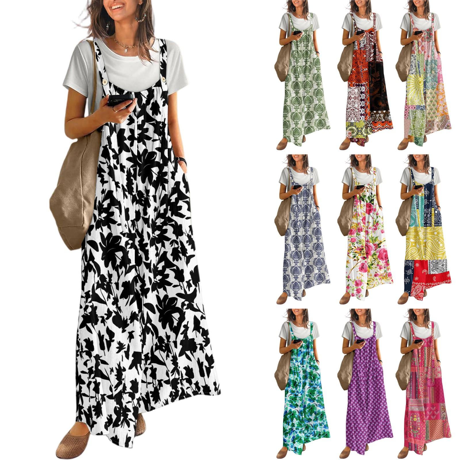 

Casual Wide Leg Jumpsuits For Women Boho Floral Pleated Overalls Rompers Summer Outfits With Pockets L