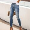 Ladies' Solid Color Casual Pants Versatile Slim Fit Straight Leg Denim Jeans With Frayed Edges And Holes