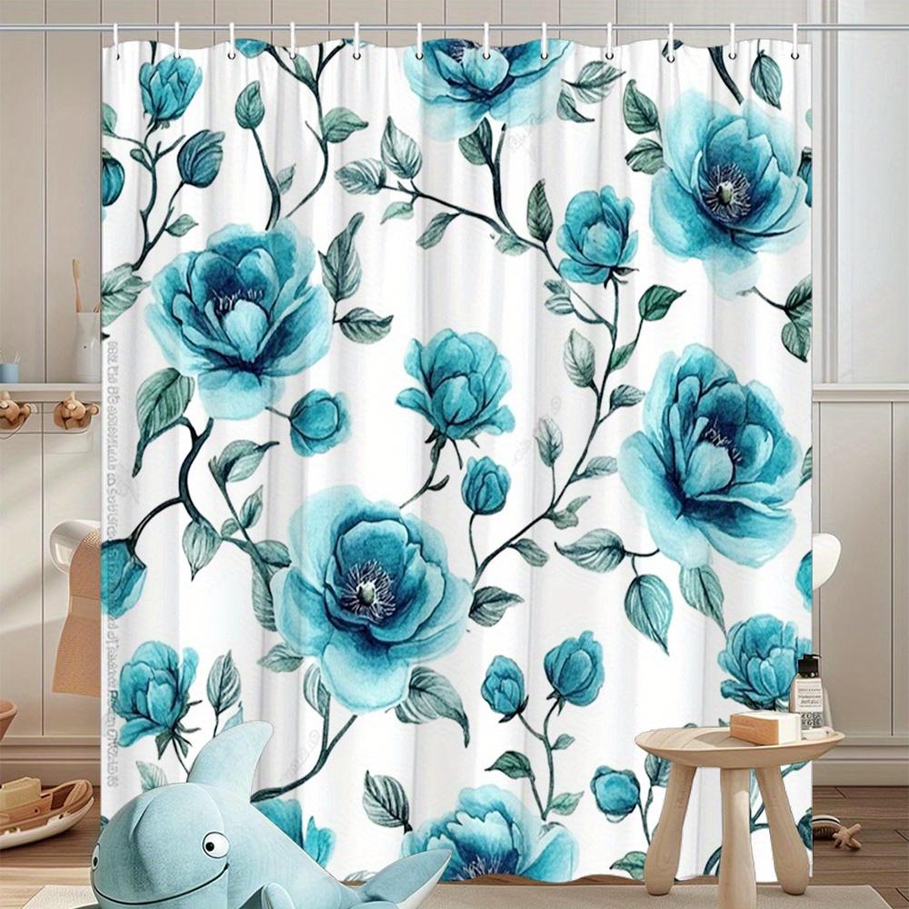 1Pc Elegant Aqua Blue Floral Shower Curtain - Polyester Fabric, Machine Washable, Suitable For Bathroom Decoration