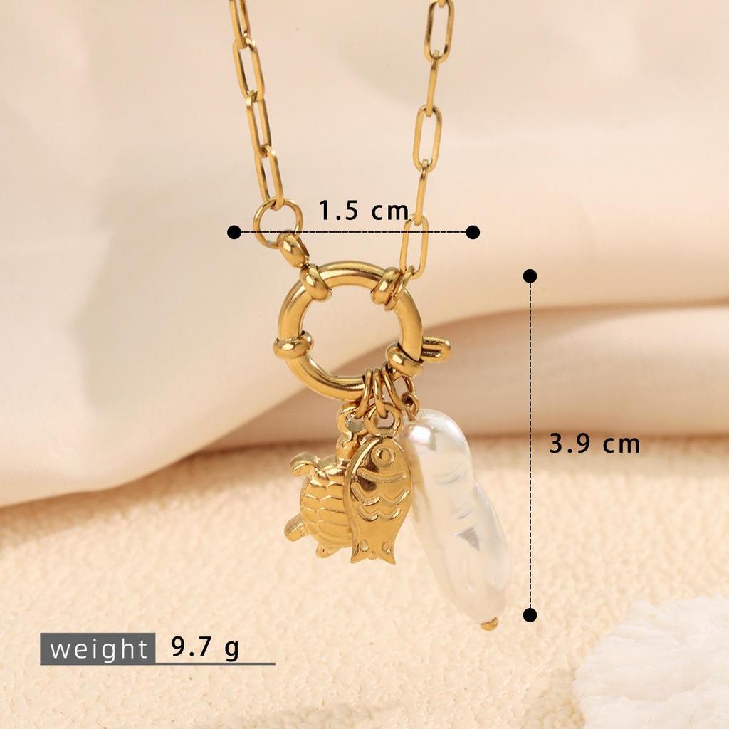 18K Gold Ocean-Style Detachable Pendant Necklace: Turtle, Anchor & Fishbone Design