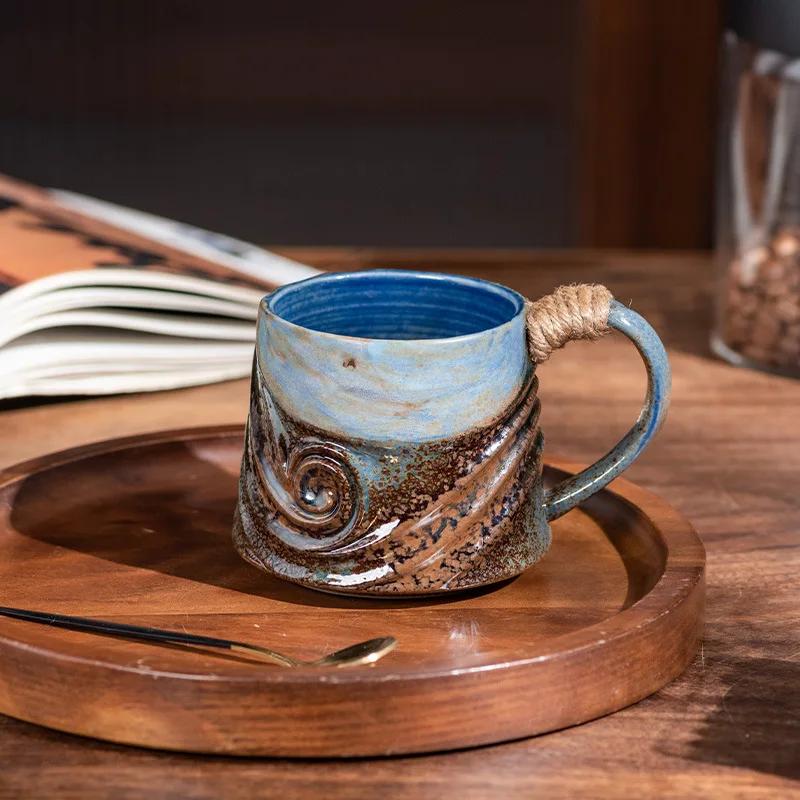 320ml Ceramic Mug Creative Tea Coffee Cup Spiral Hemp Rope Vintage Office Mug Water Cup Household Decoration Handmade Gift Mug