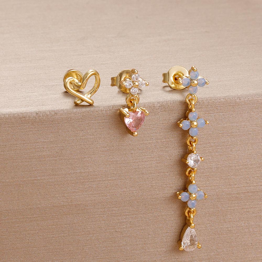 3PCS Simple Fashion Blue Flower Drop Earrings Set For Women Girl 18K Gold-Plated Zirconia Star Sun Stud Earring Piercing Jewelry