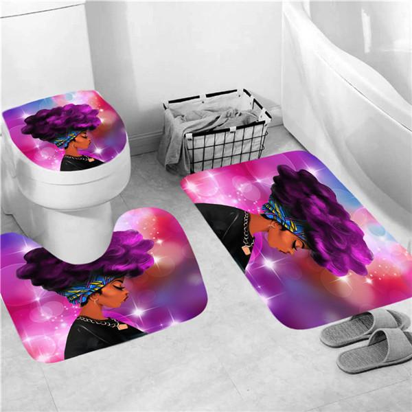 4PCS Full Set Bathroom Curtain Set Elegant African Black Woman Shower Curtain Hooks Modern Bath Mat Toilet Lid Cover Anti-slip Bath Mats