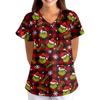 Women's Christmas Print V-Neck Short Sleeve Scrub Top with Pockets, Loose Fit Caregiver