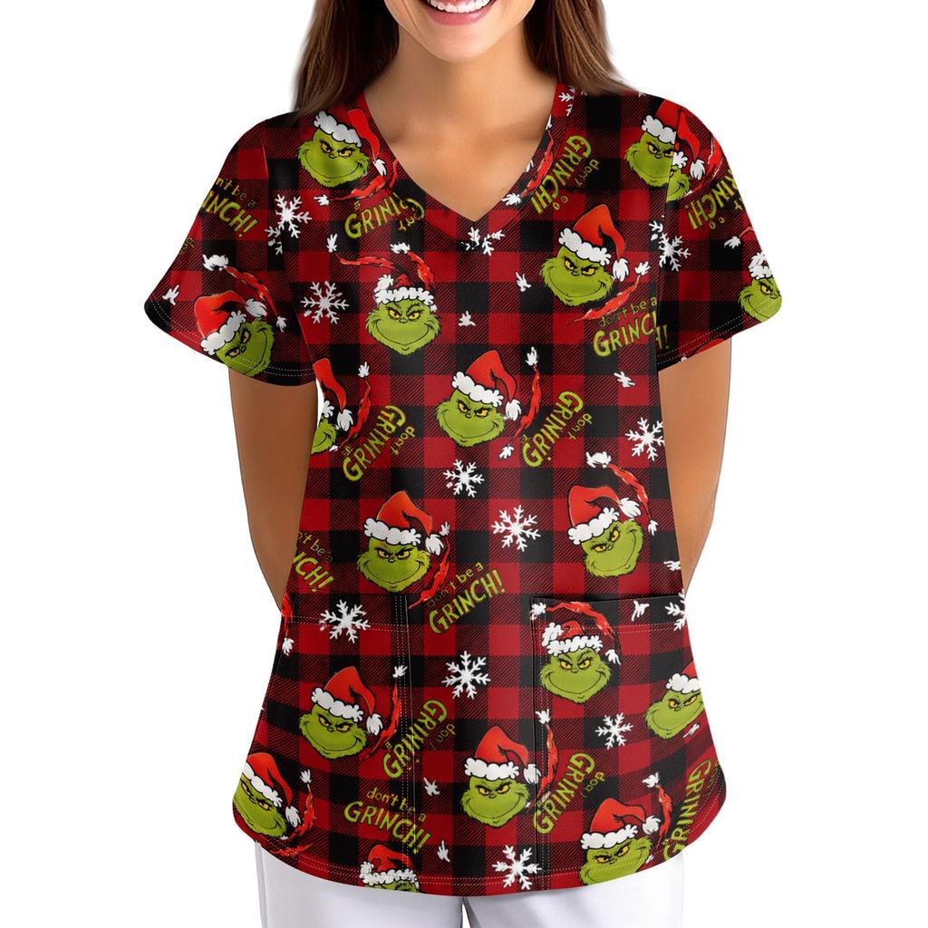 Women's Christmas Print V-Neck Short Sleeve Scrub Top with Pockets, Loose Fit Caregiver