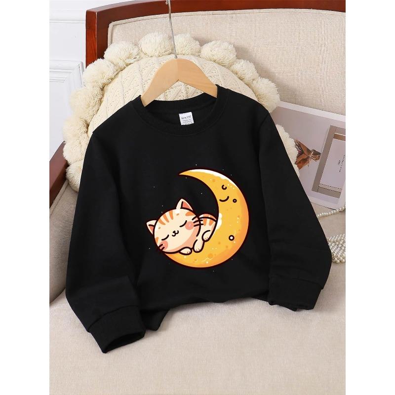 Crewneck Sweatshirt for Girls Featuring an Adorable Cat On a Moon In a Night Sky. It'S Machine Washable, Suitable for Spring And Autumn