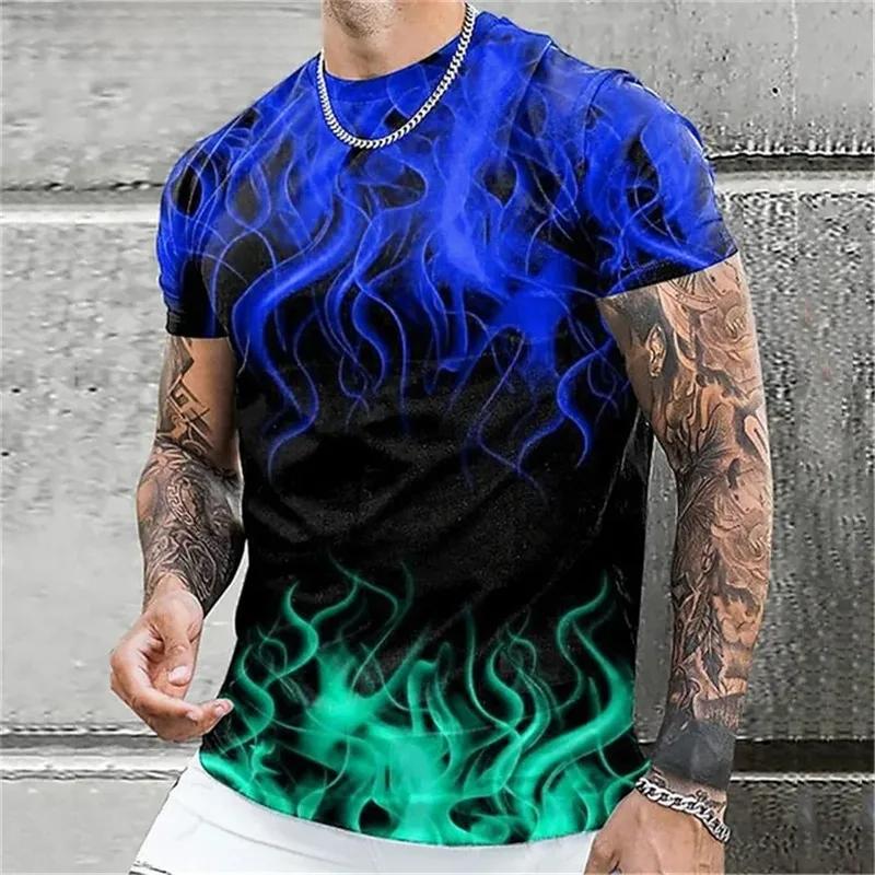 Summer Round Neck 3D Colorful Flame Graphic Print Top Fashionable Casual Short Sleeved Men's T-shirts